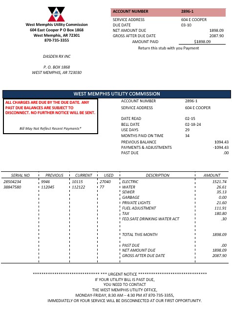 USA Arkansas West Memphis business utility bill template in Word and PDF formats